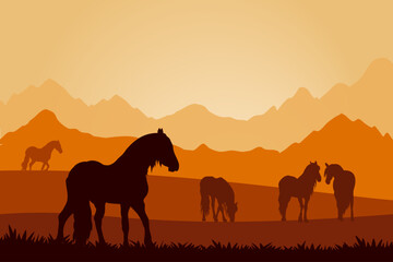 Landscape  with horses silhouettes, mountains background, bright colors. Vector illustration.