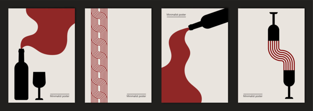 Vector illustration depicting bottles of wine, glasses. Restaurant menu. Artwork, set of minimalist posters design in red and black colors. Abstract wall art.