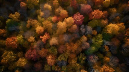 Overhead view of a dense autumn forest landscape, Generative AI 