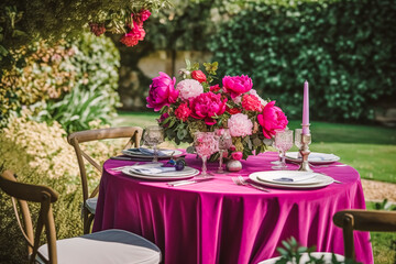 Holiday tablescape, formal dinner table setting, pink peony table scape with peonies decoration for wedding party and event celebration, generative ai