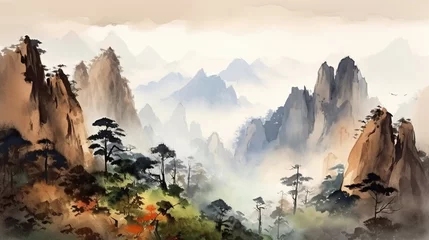 Poster Watercolor landscape of mountains in China. Created using Generative AI technology. © Viktor
