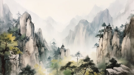 Watercolor landscape of mountains in China. Created using Generative AI technology.