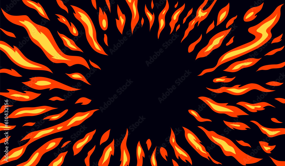 Poster circle fire flame pattern on dark background. ring fiery frame in cartoon anime style. vector burn f