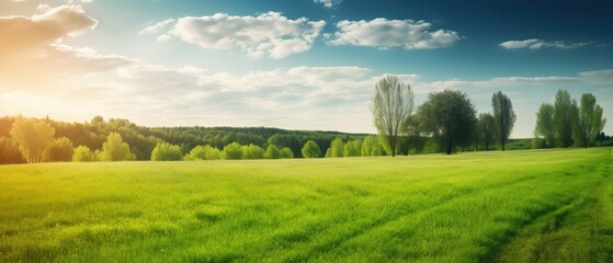 Obraz premium Panoramic natural landscape with green grass field, blue sky with clouds and and and blurry trees in background. Panorama summer spring meadow