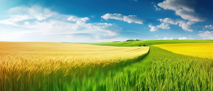 Natural landscape with green grass, field of Golden ripe wheat and blue sky with horizon line. Colorful summer panorama of combination of yellow and green fields