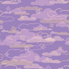 A Seamless Repeat Vector Pattern Design Featuring a Cloudy Purple Night Sky with Stars Twinkling amongst the Softly Floating Clouds