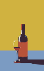 Illustration of a bottle of wine and a glass of wine in retro style.