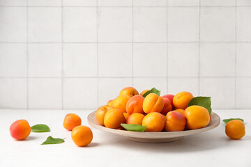 Plate with fresh apricots on white table