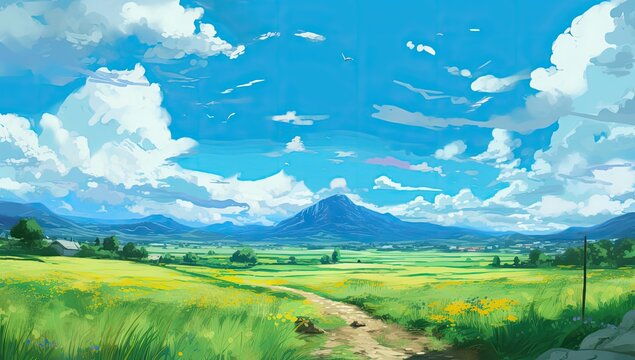 Green field under clouds,  flat style cartoon painting illustration. A beautiful landscape with hills and clouds strewn all over