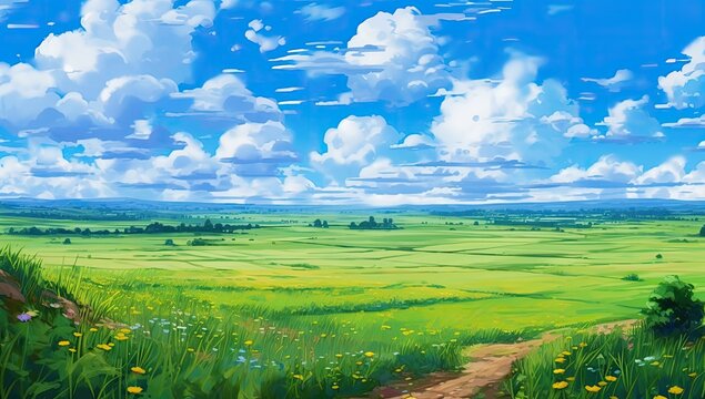 Green field under clouds,  flat style cartoon painting illustration. A beautiful landscape with hills and clouds strewn all over