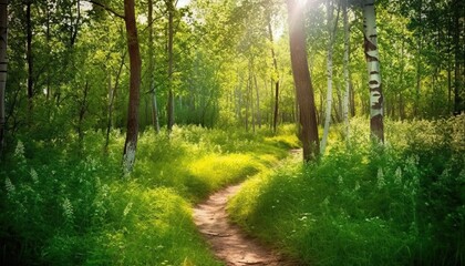 Path footpath in the deciduous forest in spring in the summer in the morning sun. Young lush green trees in the forest