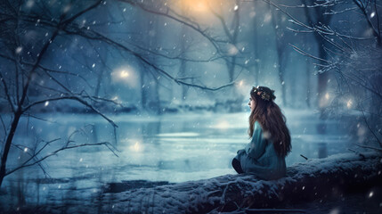 Fototapeta na wymiar Woman with flower tiara sitting next to a cold river at dusk with snow falling. Generative Ai