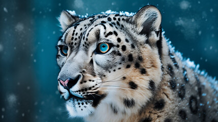 Snow leopard portrait on a bright blue background, it's snowing, generative AI tools 

  