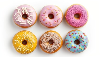 Set of 4 beautiful appetizing multi colored donuts with a beautiful confectionery decor, on white background. Isolated design element, top view, flat lay