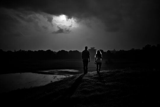 Silhouetted couple walking along a shoreline in black and white with dramatic dark sky. Generative ai