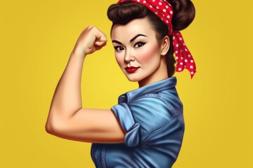 Strong powerful fictional AI generated woman. Asian Woman's day banner. We Can Do It. Woman s fist symbol of female power, fictional person created with generative AI