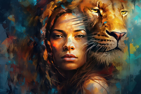 Portrait of a woman with a spirit Lion watching over her. Generative Ai.