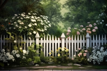 A garden backdrop with white fence. AI generative
