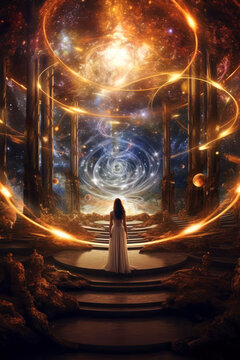 Silhouetted woman standing in an ornate temple with ethereal and mystical energy swirling around her looking up a cosmic tapestry. Generative Ai.