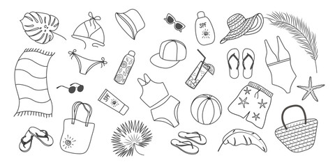 Beach accessories set. Black outline vacation elements. Background with doodle summer accessory
