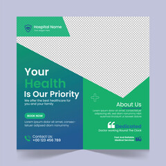 Medical healthcare social media post template design, medical social media post design template, promotional medical square web banner for hospital, medical post design template for clinic