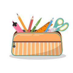School pencil case with stationery on an isolated background. School inventory vector illustration, school design, sticker design, web elements. Suitable for stickers and design of posters, banners. - obrazy, fototapety, plakaty