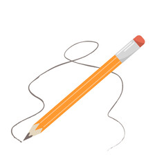 Graphite yellow wooden pencil with a rubber eraser on a white background. Vector illustration of office and school stock, school design, stickers, web elements, kids design.