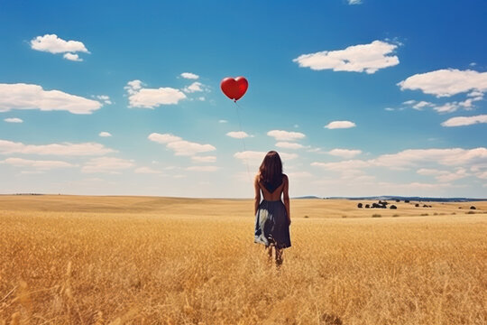 Woman standing in a straw grass field blue sky and sun, holding a red love heart balloon. Generative Ai.