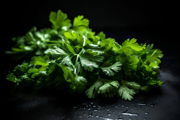 A perfect Bunch of Cilantro sitting on a shiny surface with a black background AI generated art, Generative AI, illustration,