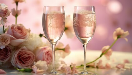 Champagne glasses with flowers on a table