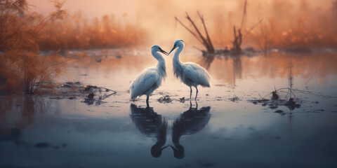 2 Egret type birds in a serene landscape in a soulmates in love concept image. Generative Ai.