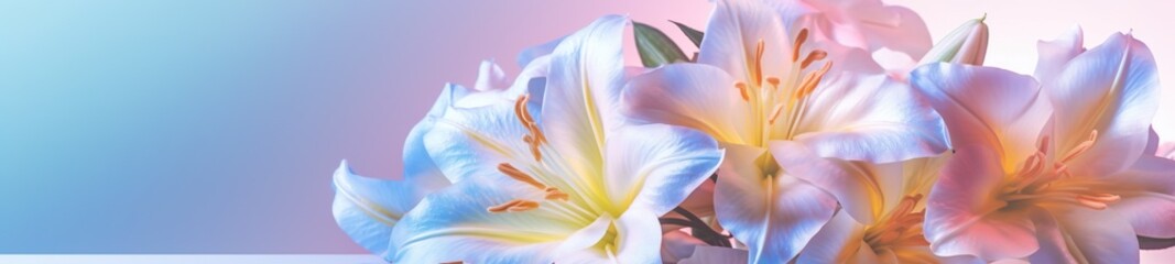 Bouquet of pearlescent flowers on pastel background. Generative AI
