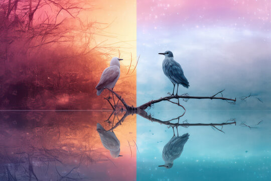 2 Birds in a split image with soft orange and brown colours on the left and soft pink and blues on the right. Generative Ai