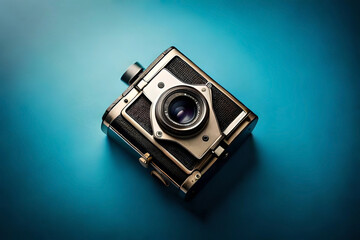 a vintage camera on blue background