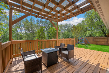 home patio with a green lawn 