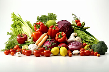 Naklejka na ściany i meble Wholesome vegetarian food, fresh vegetable ingredients for salad on white Generative AI