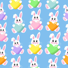 Lovely seamless pattern witn happy cartoon funny kawaii little bunny with colorful hearts on light blue background. Cheerful design for kids clothes