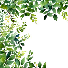 Green branches on White background. Floral watercolor frame. Drawing for the design of postcards, invitations, covers, own text. Generative AI