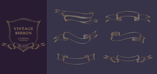 Gold line vintage ribbon banner vector set. Hand drawn line art.