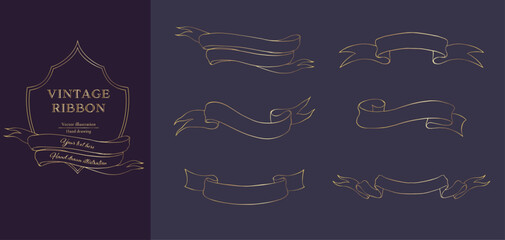 Gold line vintage ribbon banner vector set. Hand drawn line art.