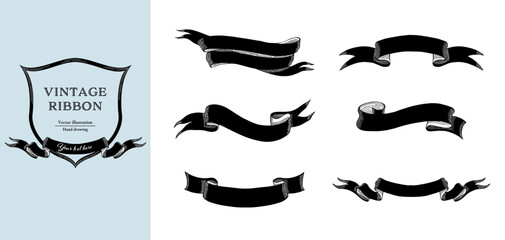 Black and white vintage ribbon banner vector set. Hand drawn line art.