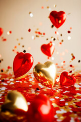 Gold confetti, balloon heart shaped, red white background