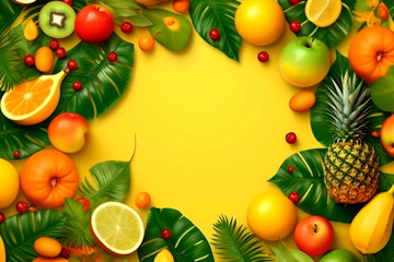 Realistic summer fruits frame tropical, yellow green background