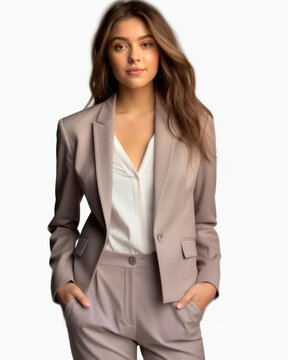Portrait of an elegant brunette model wearing a grey office blazer, isolated on a plain background. Generative AI illustration.