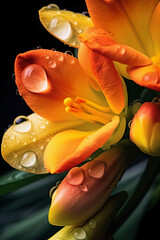 fresh water drop on Many Freesia flowers in morning soft light. AI generative