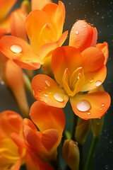 fresh water drop on Many Freesia flowers in morning soft light. AI generative