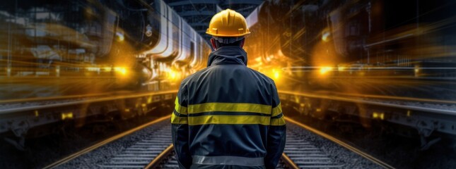Man in construction gear is standing behind train tracks. Illustration AI Generative.