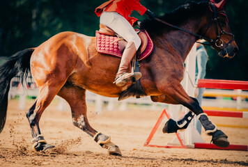 A bay horse is galloping rapidly across a sandy arena with a rider in the saddle on a summer day,...