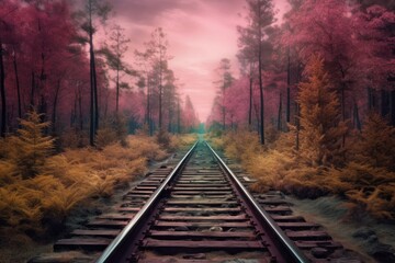 Fototapeta premium Railroad tracks in a forest landscape. Illustration AI Generative
