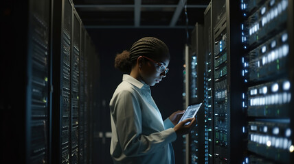African Female Technician Working at Data Center. Management Conducting System Servers Diagnostics and Maintenance in a High-Tech Environment. Digital Technology System Administrator. generative ai